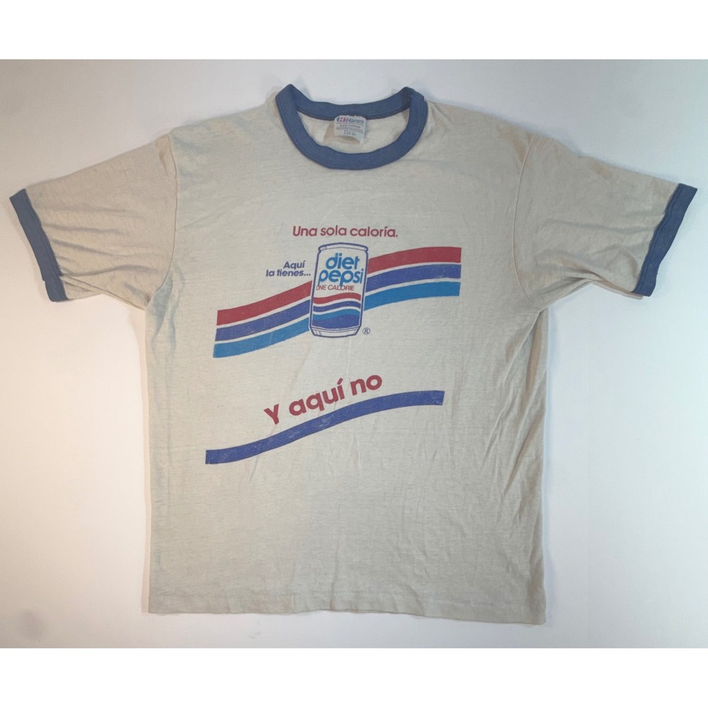 Vintage 80s Hanes Diet Pepsi Ringer T-Shirt Spanish Graphic Mens Large USA Made